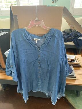 Mudd Women's Denim-Look Button Front Tunic in Blue